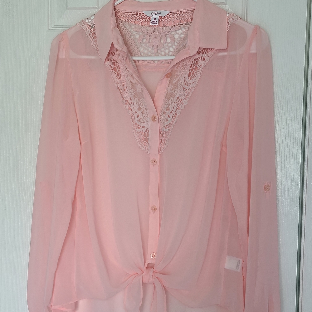 Candie's sheer pink embroidered tie front button down sz. M